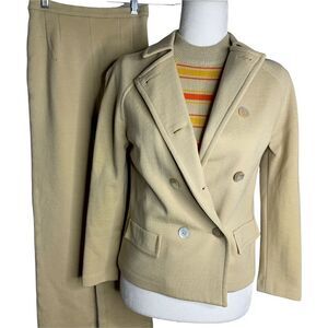 Vintage 60s 3 Piece Wool Jacket Pant Set XS Beige Orange Mod Preppy Collegiate